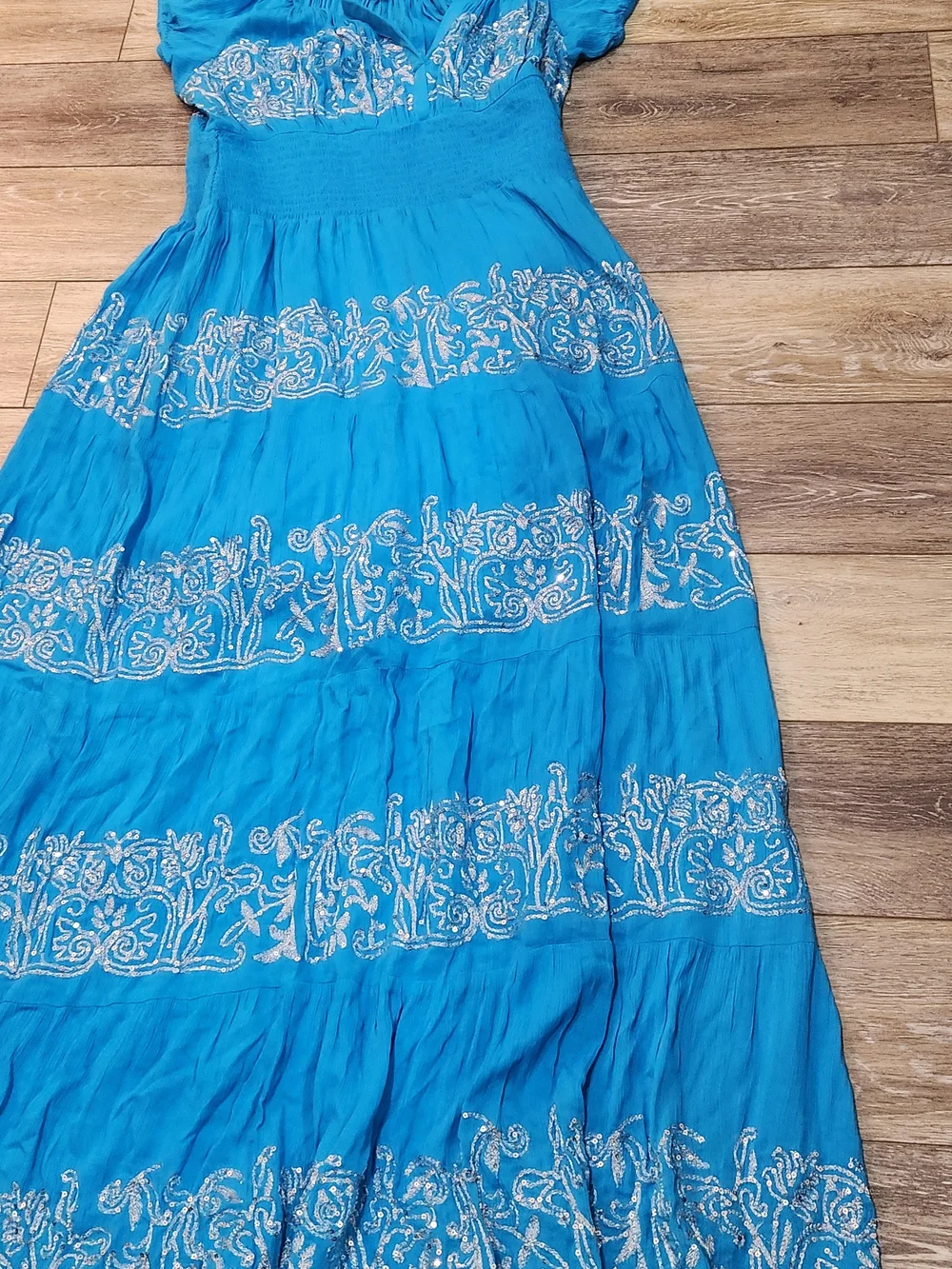 BOSTON PROPER METALLIC EMBROIDERED SEQUINS TIERED PEASANT MAXI DRESS LARGE - Picture 4 of 9